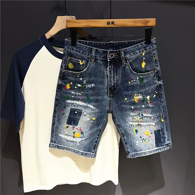 Street Wear Splash Lacquer Shorts Masculino ins Puffian Bonito Na Moda Slim-fit Stretch Verão Calças Médias