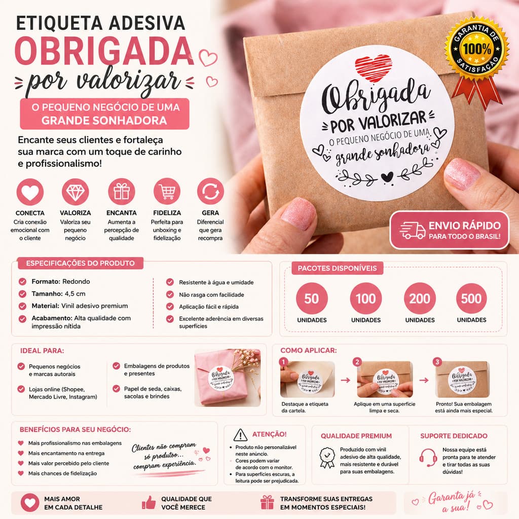 Etiqueta Adesiva “Obrigada por Valorizar” 4,5cm | Vinil Premium | 50 a 500 Unidades