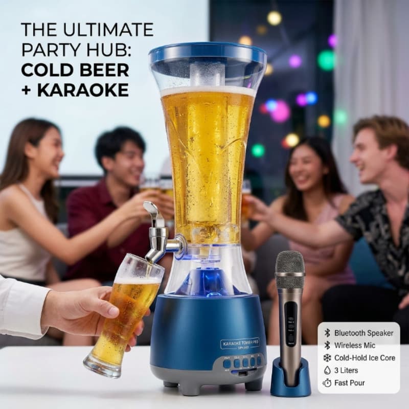 Torre de Chopp 1,5L Bluetooth Karaokê LED com Microfone Caixa Som Festa Copa Bar