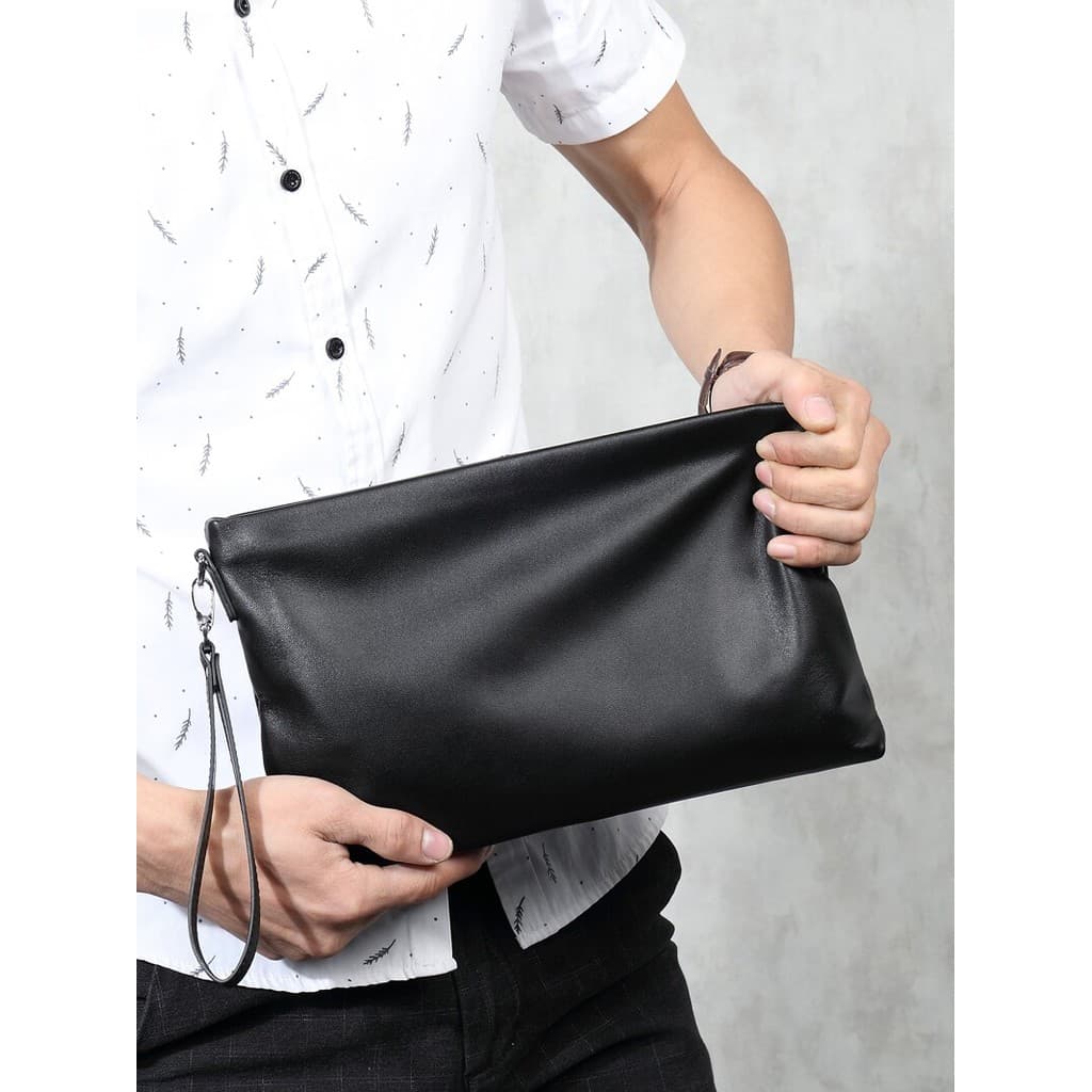 Bolsa masculina de couro genuíno, bolsa Envelope de pele de carneiro, bolsa de embreagem, couro macio, grande capacidade