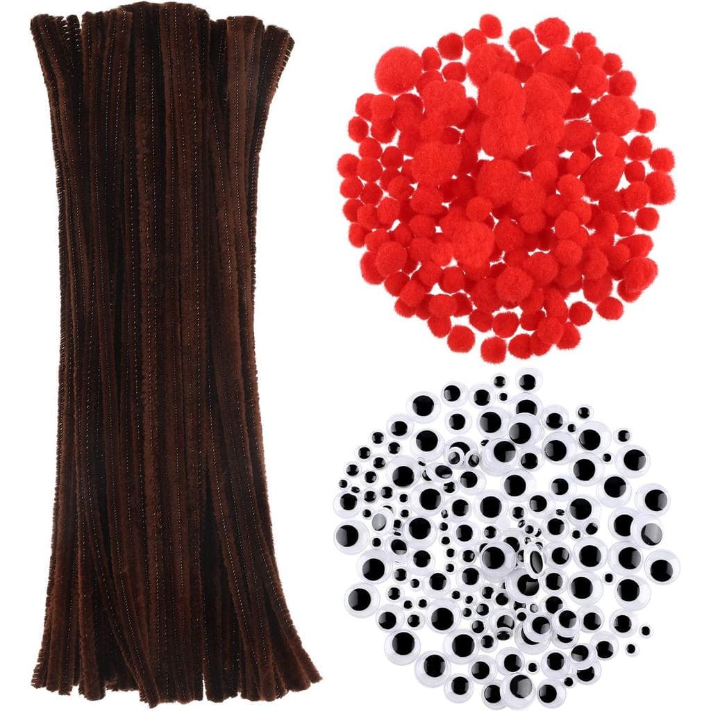 Conjunto de 450 Peças de Limpa-Cachimbo de Natal, Incluindo 100 Peças de Haste de Chenille Marrom, 200 Peças de Pompons