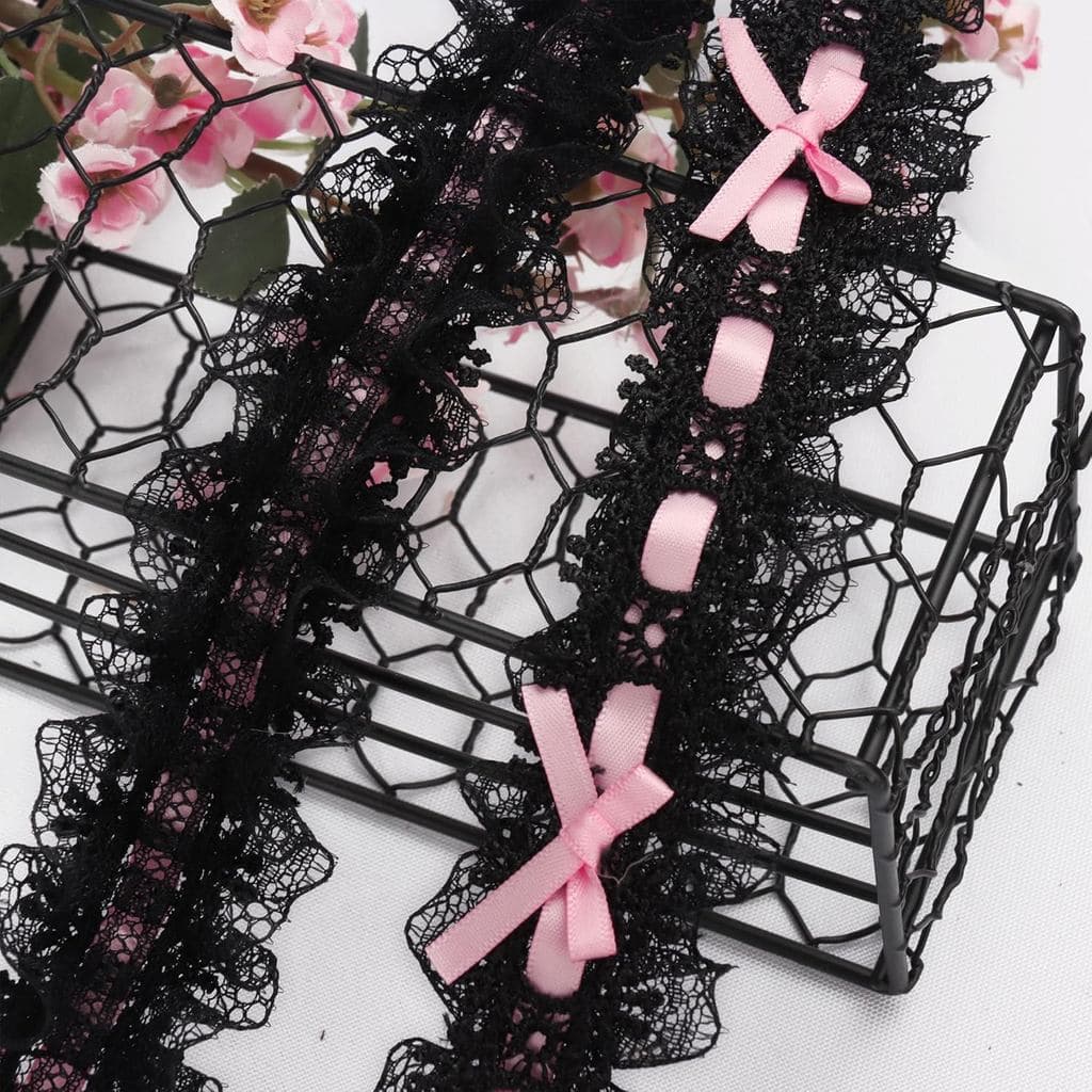 HAVII Laços Rosa e Renda Plissada Preta com Acabamento em Babados - 3 Jardas, 1,5 Polegadas de Largura, Fita de Renda Fl