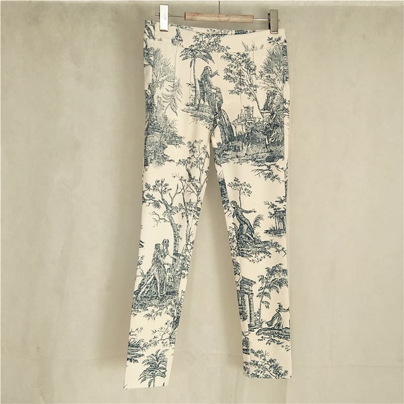 R RMEO Romântico Casual Impresso Calças Femininas Calças Micro-Esticáveis Calças Lápis Slim-fit Slimmer Look Azul Branco