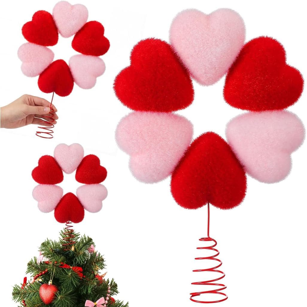 Soulchen Valentine's Day Tree Topper Red Pink Heart Tree Topper 11.8 Inch Large Plush Heart Treetop Ornament Decorations