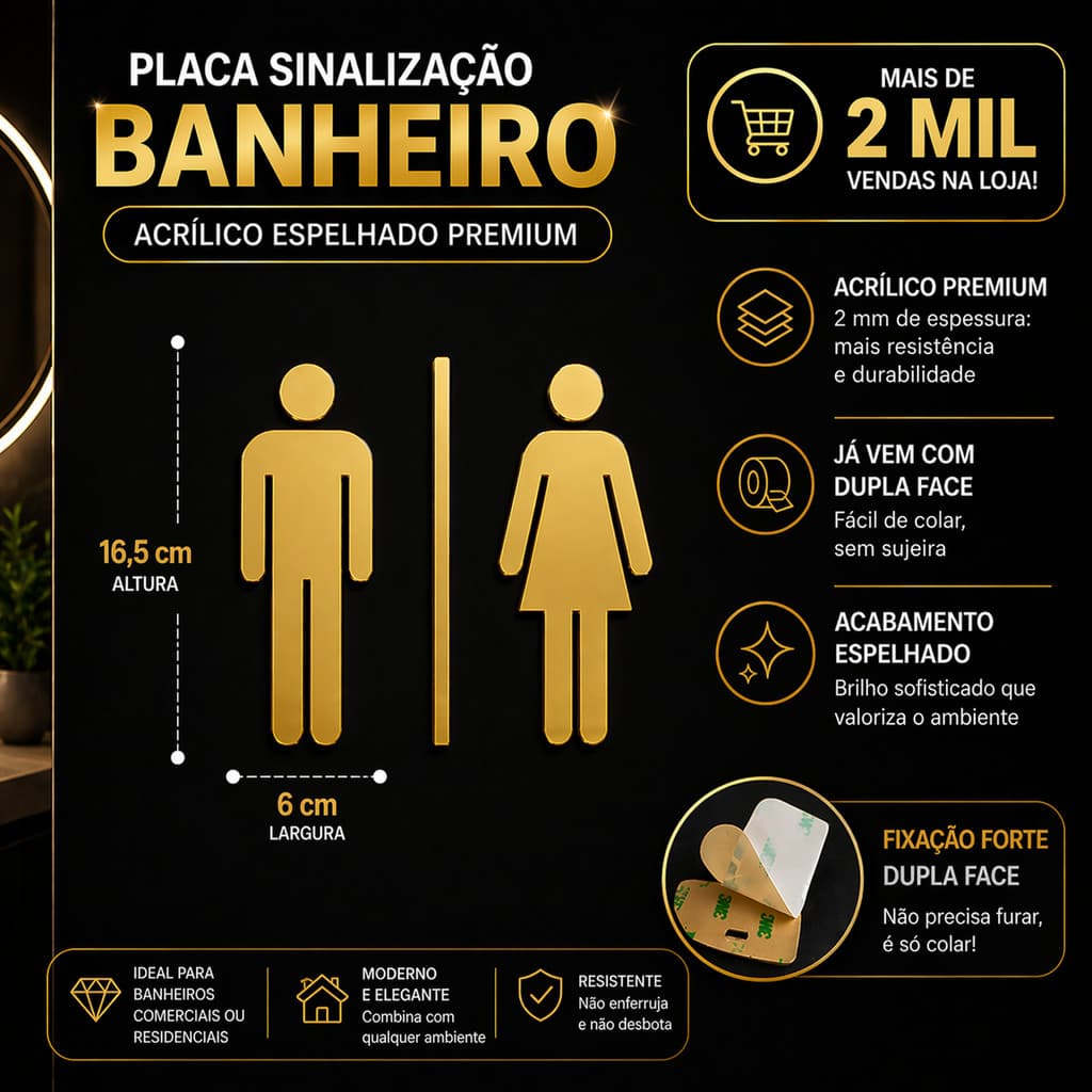 placa identificação banheiro masculinoe feminino acrílico espelhado com adesivo porta wc moderno elegante (kits)