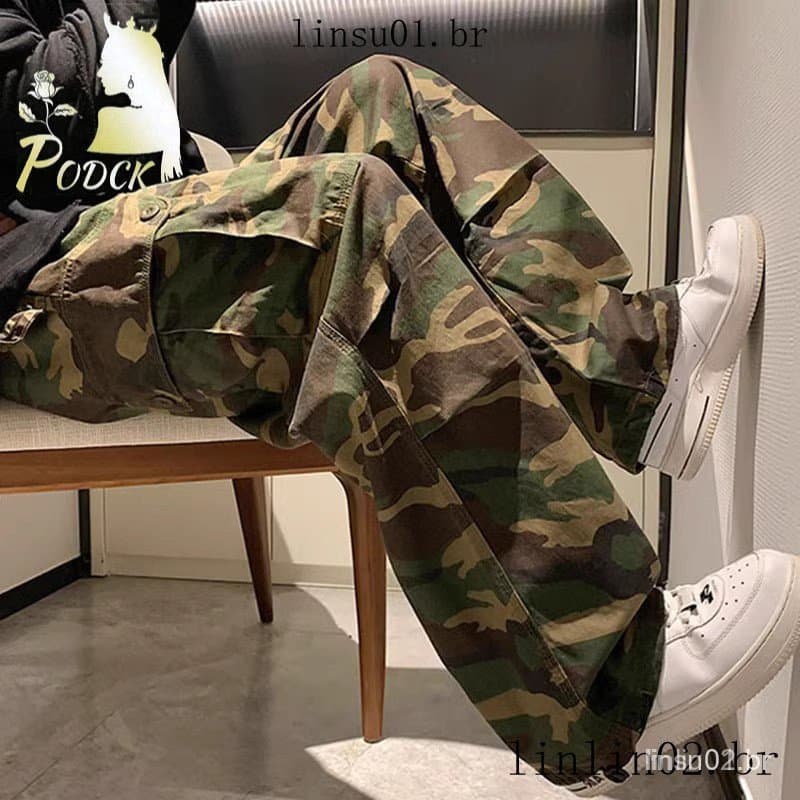 Estilo de rua Retro camuflagem masculino solto macacão reto High street Hip Hop ins estilo Hong Kong calças soltas