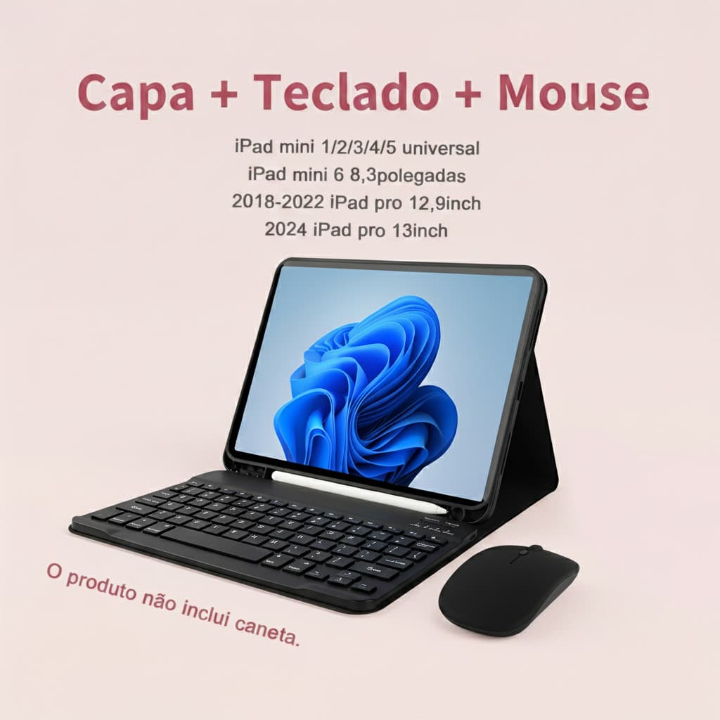 Capa com Teclado e mouse Para iPad mini 1 2 3 4 5 6, 2018-2022 iPad pro 12,9inch, iPad pro 13inch