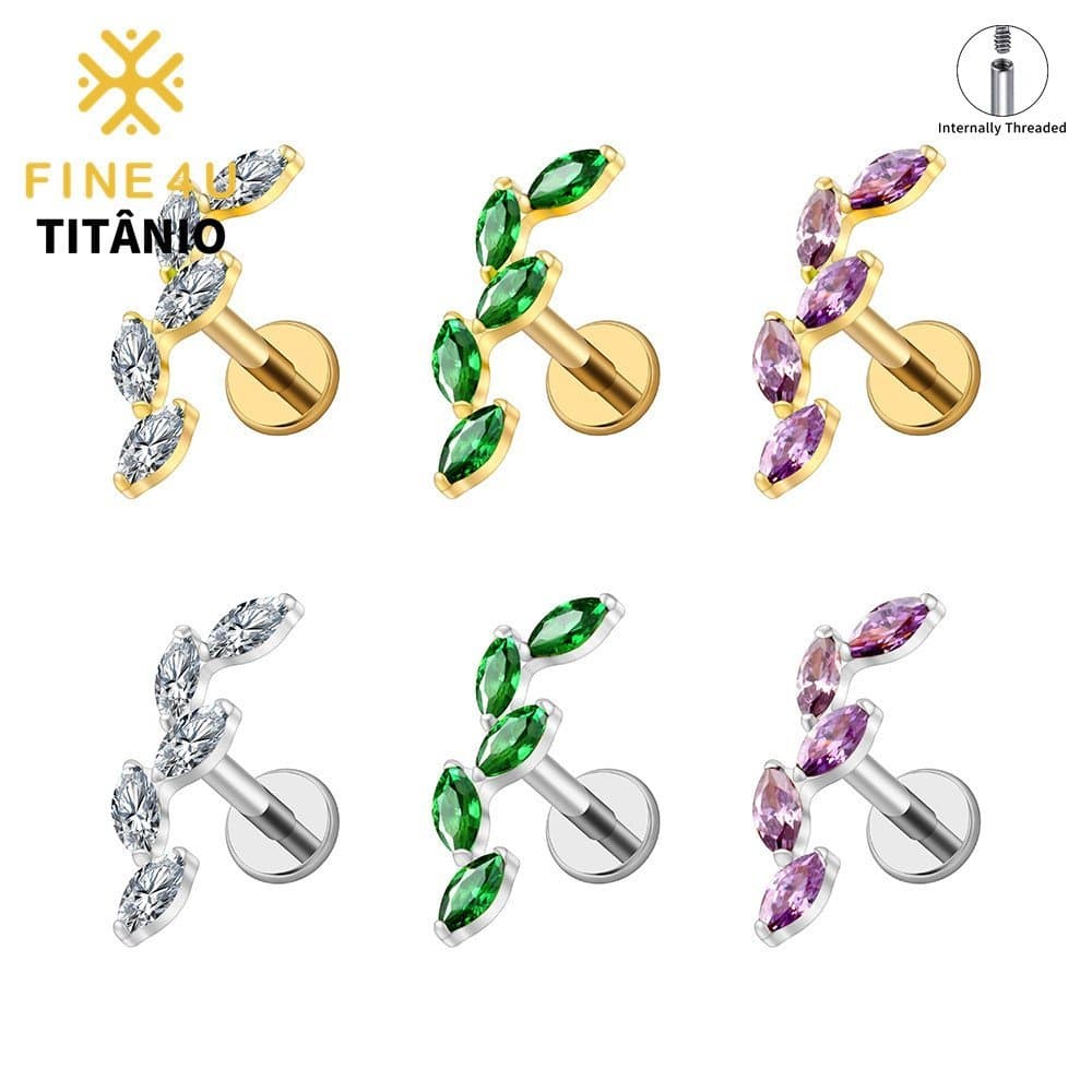 FINE4U Piercing Titânio Com 5 Marquise CZ Cluster Para Cartilagem Helix Lóbulo Labret Brinco
