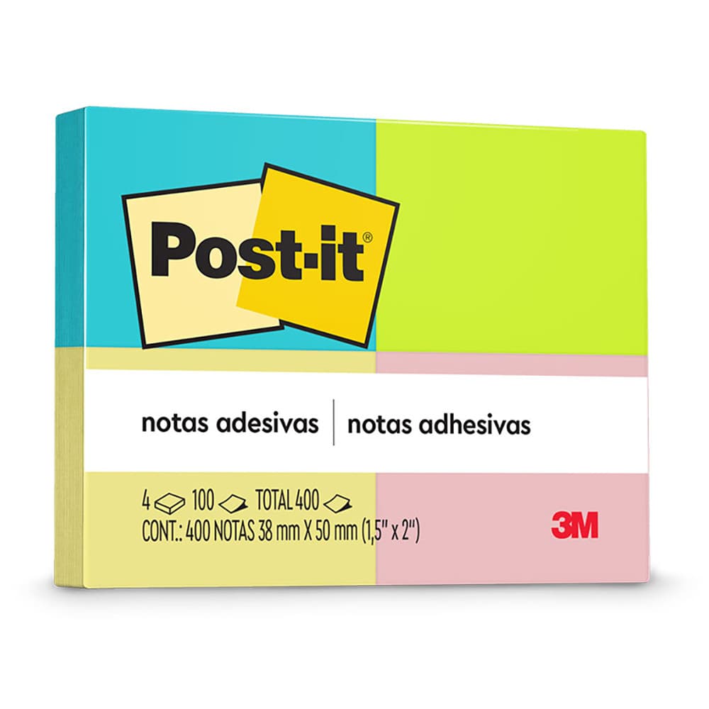 Bloco de notas adesivas Post-it 4 cores Neon 4 blocos de 38x50mm 100 folhas 3M