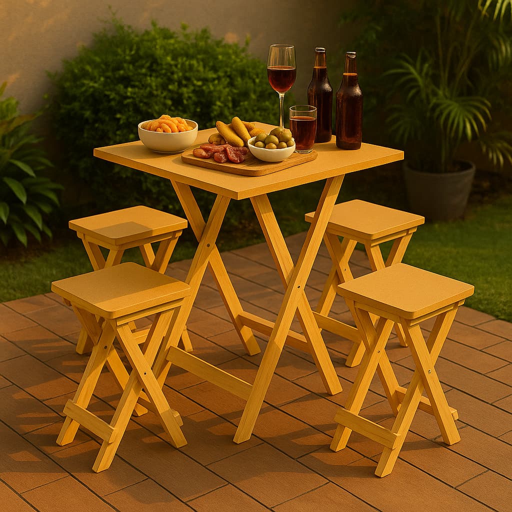 Conjunto Mesa e Banquetas de Madeira – Dobrável, Leve e Fácil de Guardar