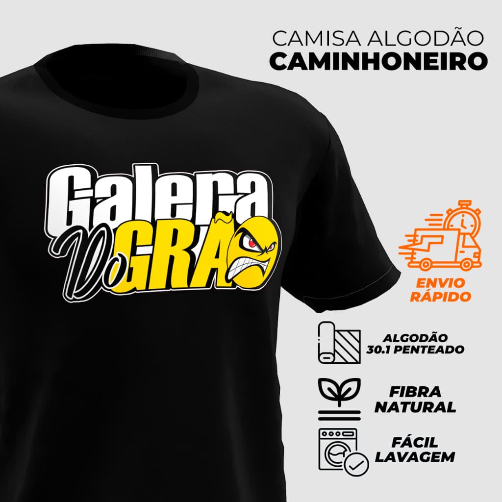 Camisa Caminhoneiro Galera Do Grão Preta Blusa !00% Algodão Blusa Caminhoneiro  Camiseta Galera Do Grão
