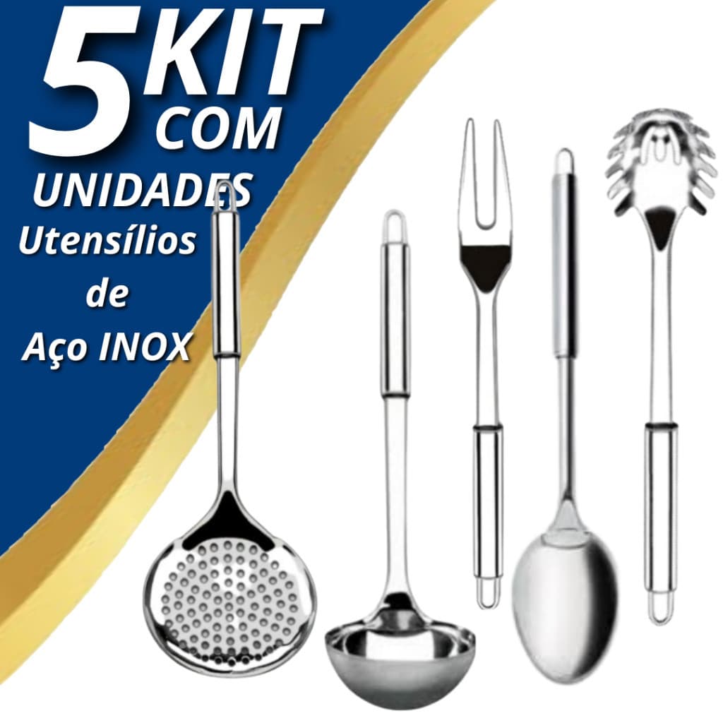 Kit 5 Utensílios Aço INOX para Cozinha Concha Pegador de Massa Colher Garfo Escumadeira