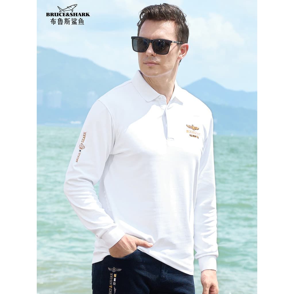 Primavera outono camiseta masculina grossa de manga comprida tamanho grande camisa Polo Bruce Shark Street Wear masculin