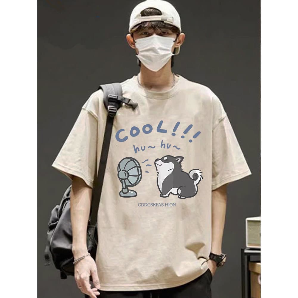Camiseta masculina de manga curta de algodão puro verão impresso ombro caído meia manga camisa de fundo casal solto pesa