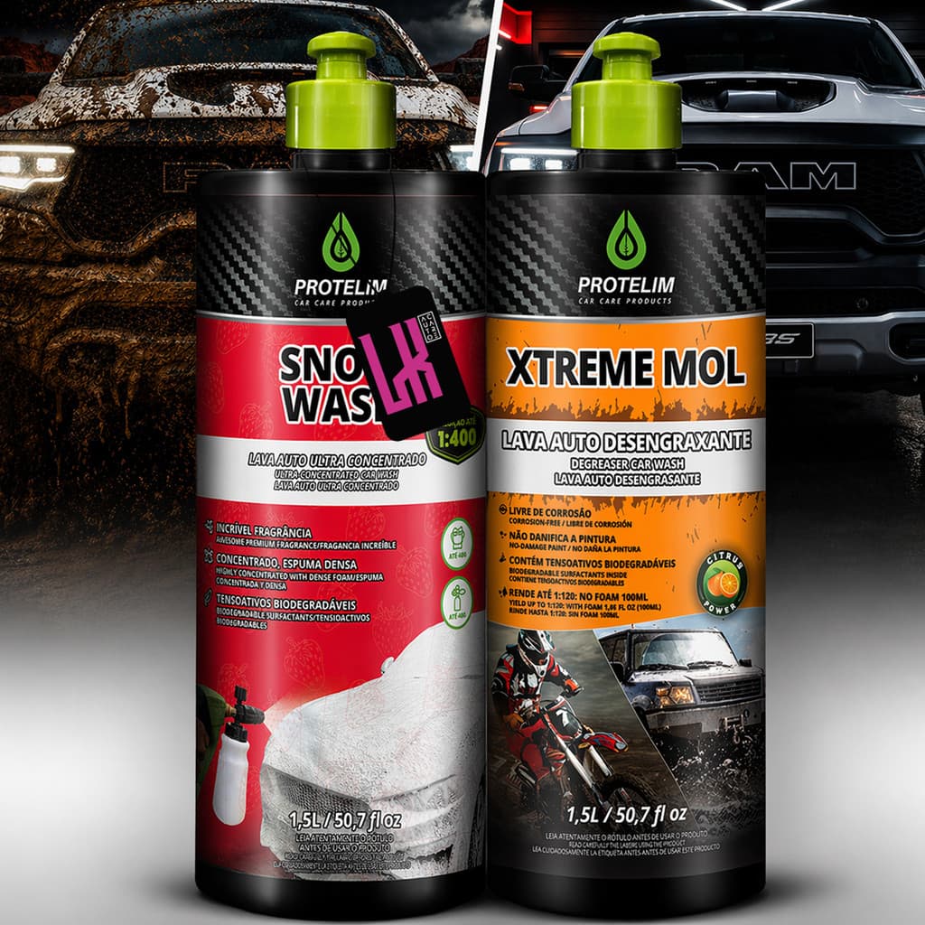 Kit Lava Carro Moto Shampoo Desengraxante Pre Lavagem Neutro Snow Wash Xtreme Mol 1,5l Protelim