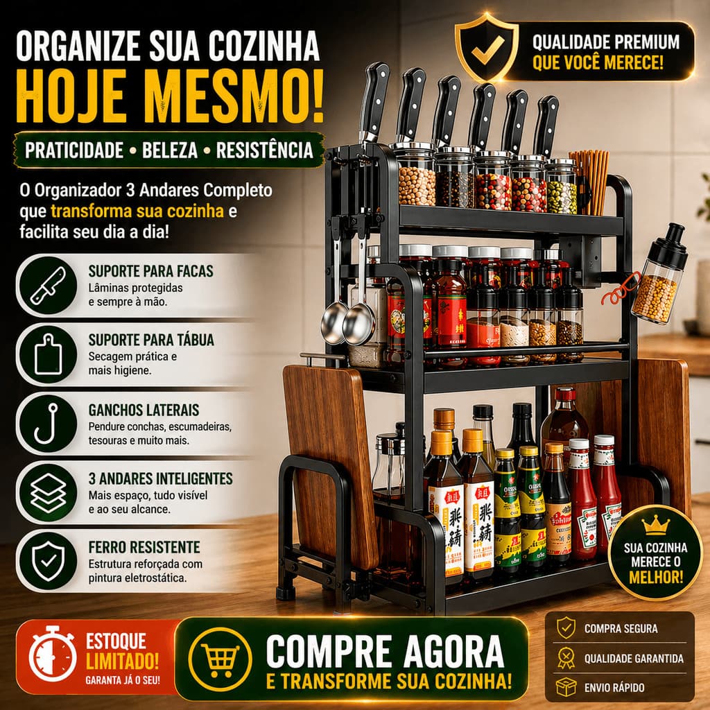Organizador de Cozinha Multiuso 3 Andares – Suporte para Temperos, Facas e Tábua