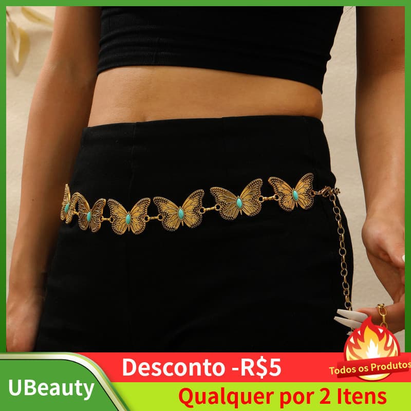 Corrente de cintura borboleta para mulheres, cinto boêmio, padrões retrô elegantes, acessórios de vestuário de estilo ét