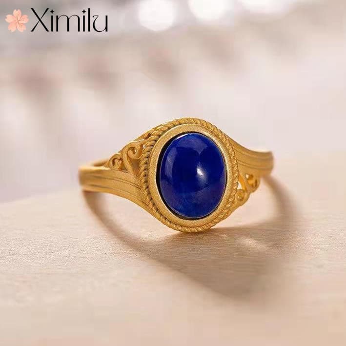 ❤ Anel de lápis-lazúli antigo palácio de luxo azul brilhante masculino feminino joias retrô