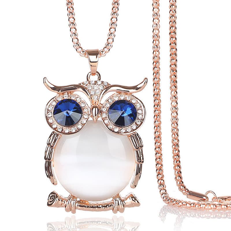 Colar de coruja para mulheres, cristal sintético, corrente de suéter com pedra olho de gato, acessórios de vestuário