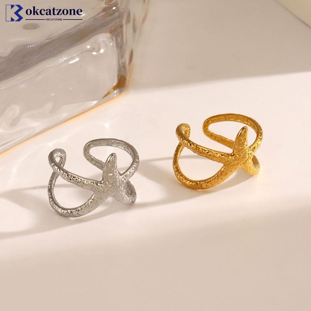 OKCATZONE Estilo Praia Aço Inoxidável Estrela E Do Mar Anel Aberto Cor Dourada Vintage À Prova D'água Metal Moda Jóias P