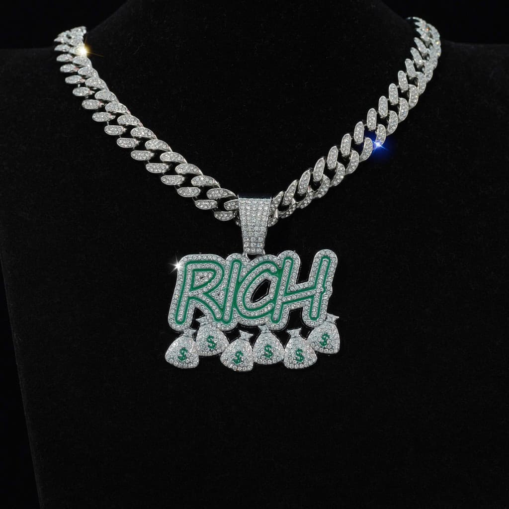 Novo Corrente Cravejada Hip Hop Full Ice Diamond Carta RICH Dinheiro Bolsa Pingente Colar Cubano AcessóRios De JóIas