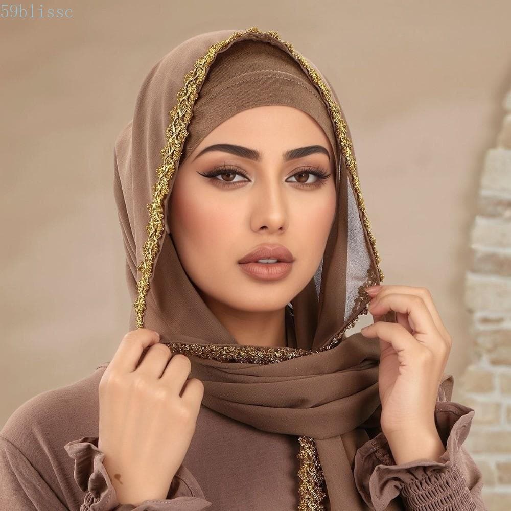 BLISSC Eid al-Fitr Hijab , Lenço De Cobertura Modesto De Onda Dourada De Material Chiffon , Envoltório De Xale Bordado P