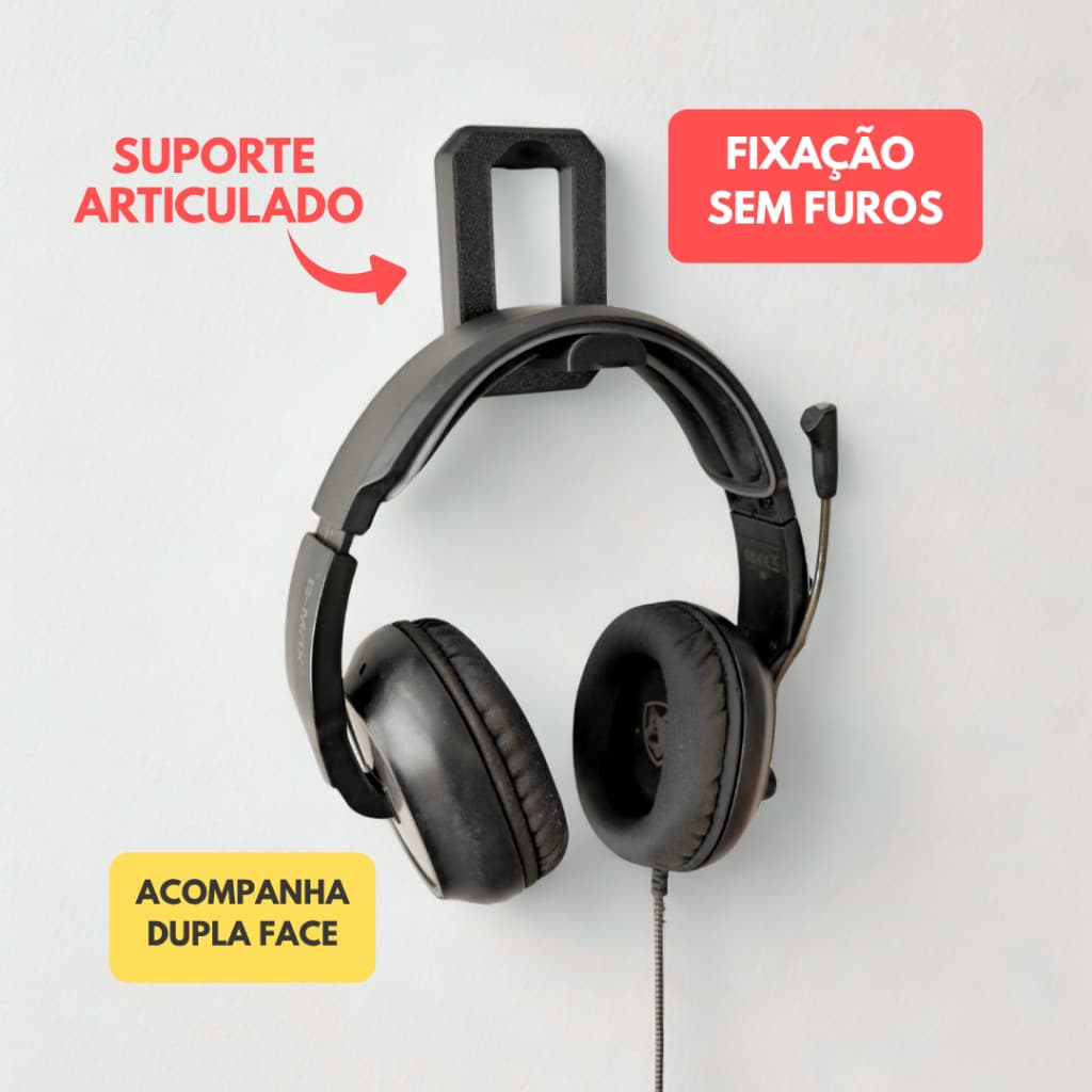 Suporte articulado gamer para headset dobrável com fita dupla face 3M para mesa e setup home office
