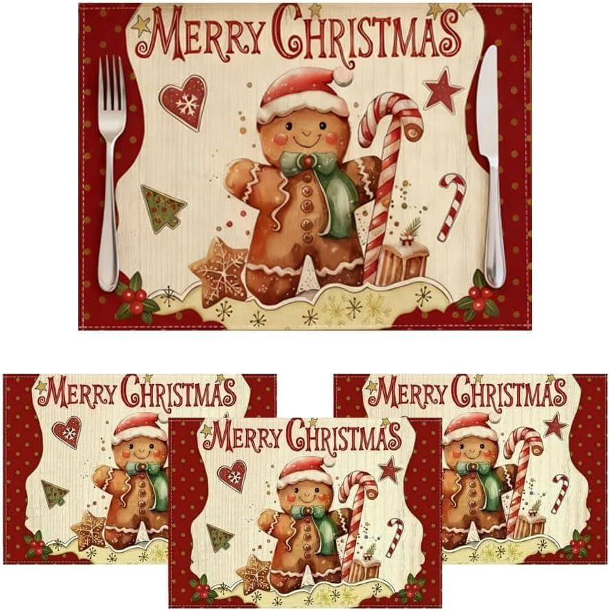 Conjunto de 4 Sousplats de Natal, 12 x 18 polegadas, Sousplats de Mesa com Tema de Natal e Boneco de Gengibre para Decor