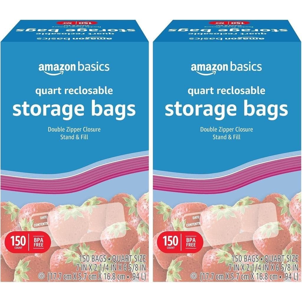 Sacos de Armazenamento de Alimentos Reutilizáveis Basics Quart, Sem BPA, 150 Unidades (Pacote com 2)