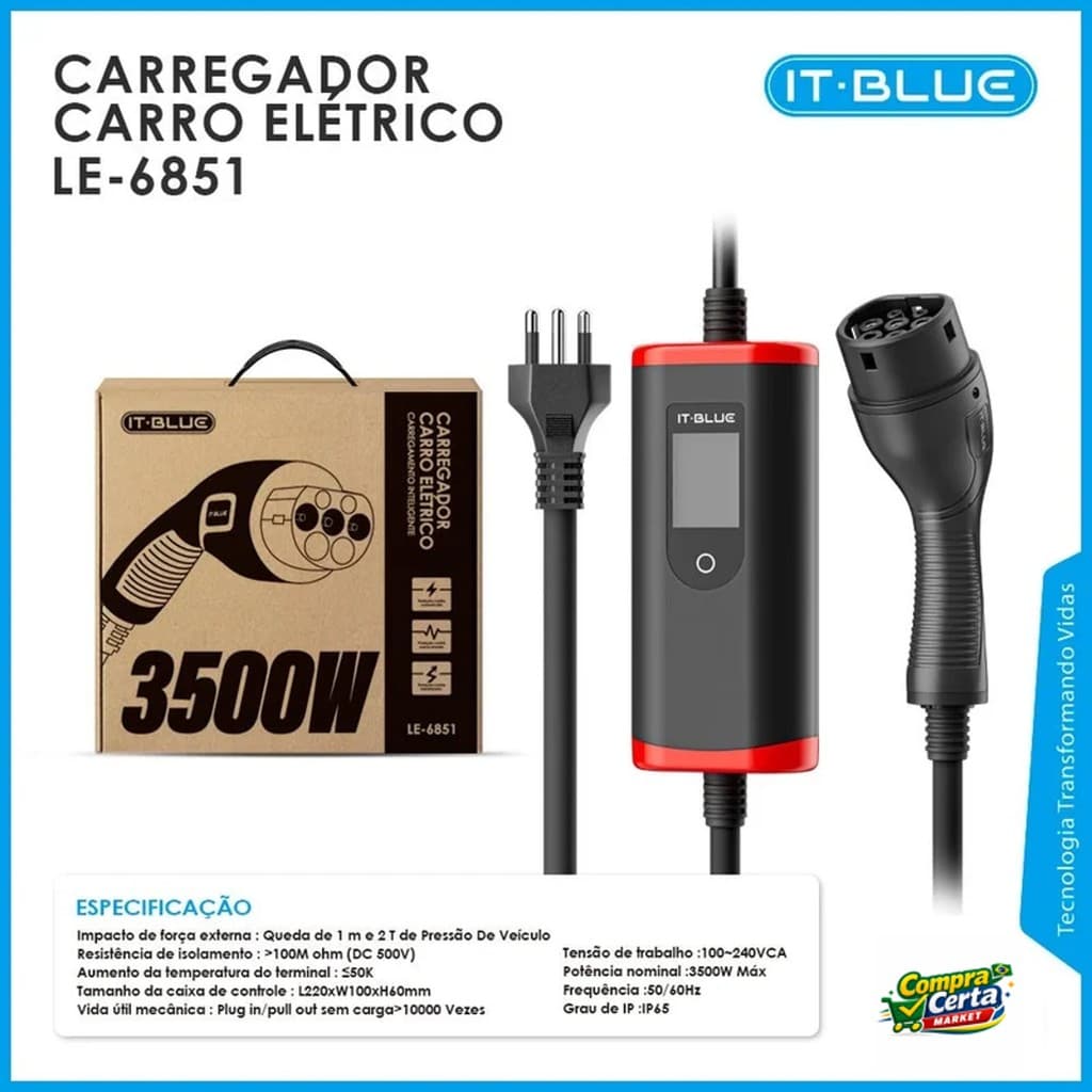 Carregador Veicular It-Blue 3,5kW Tipo 2 Bivolt Para Carro Elétrico