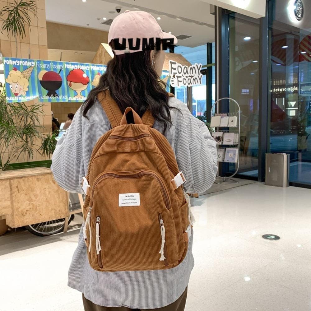 Bolsa Feminina Umir , Mochila Listrada De Veludo De Grande Capacidade Para Estudantes , De Viagem De Cor Sólida Livros