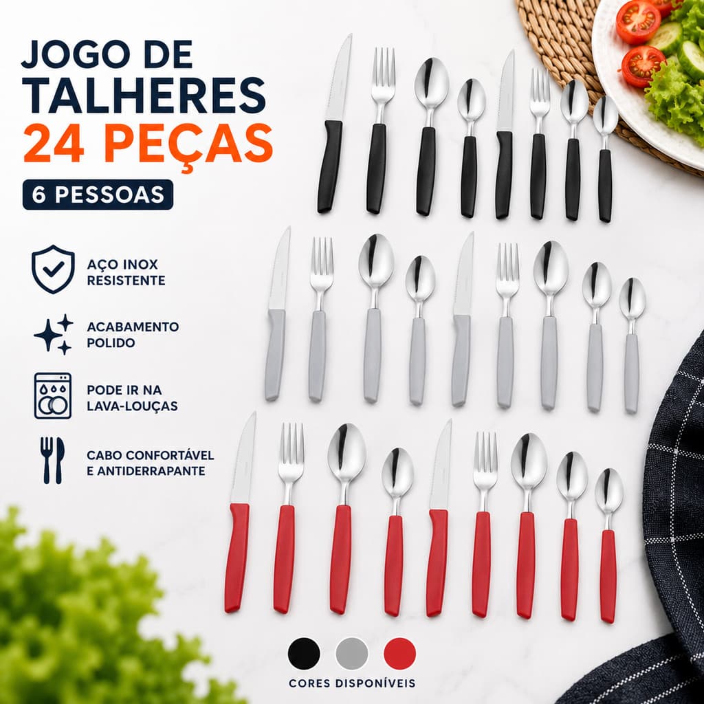 Jogo De Talheres 24 Peças Inox Com Cabo Plástico Kit Cozinha Resistente Moderno