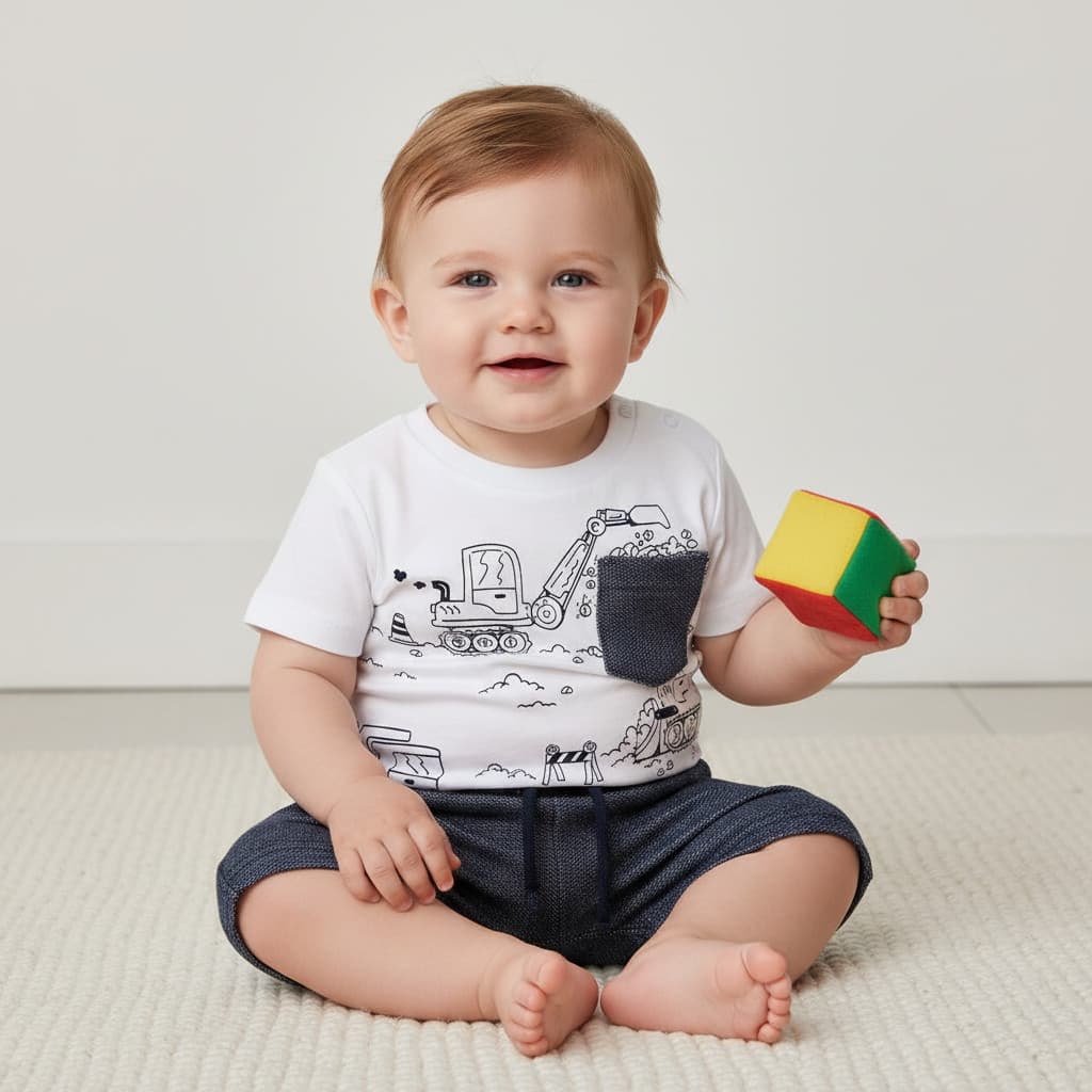 CONJUNTO INFANTIL ESTAMPADO MÁQUINAS + SHORT CONFORTO | TAMANHO M | ESTILO E DIVERSÃO