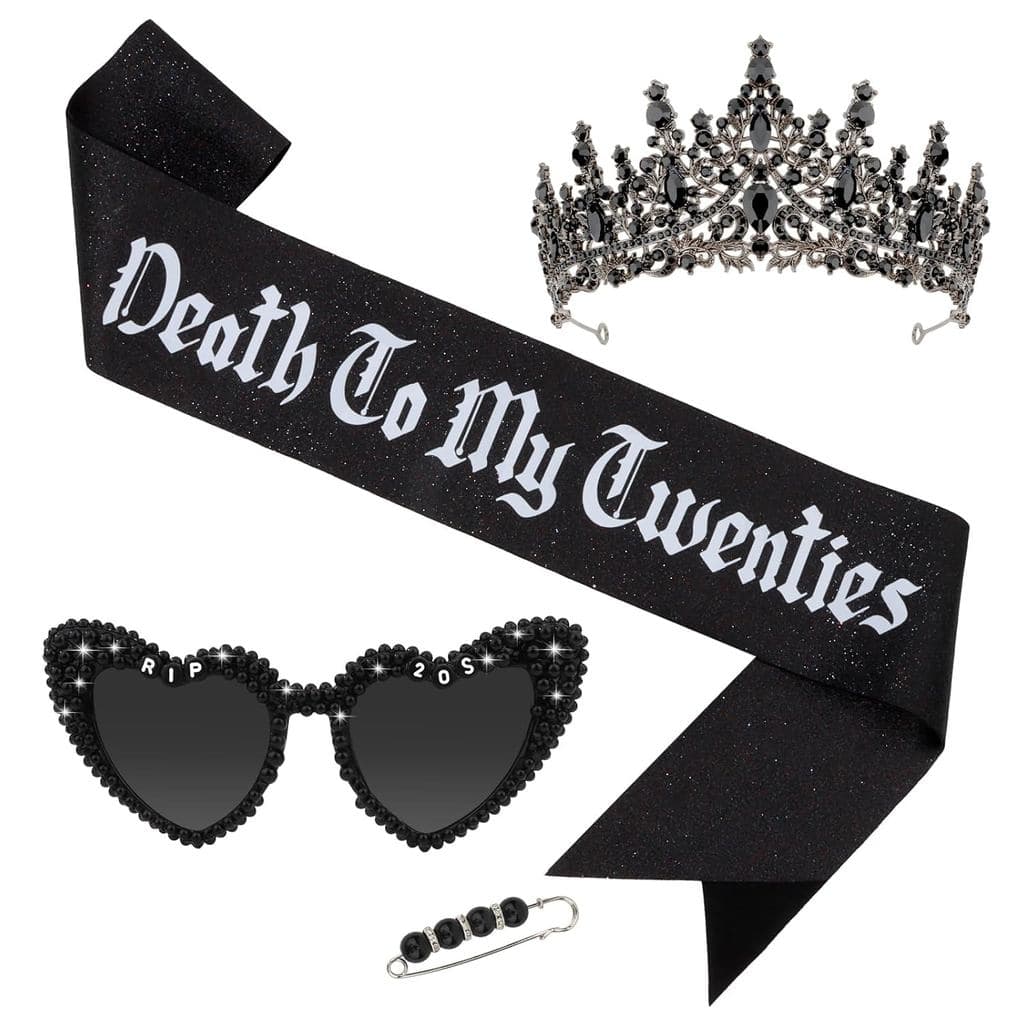 Decorações "A Morte aos Meus 20 Anos" 3 Peças, Faixa "Adeus 20 Anos", Óculos de Aniversário "Adeus 20 Anos" e Tiara Coro