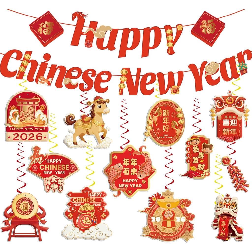 Decorações de Ano Novo Chinês 2026, Faixa de Feliz Ano Novo Chinês com Espirais Penduradas, Decorações de Ano Novo Lunar