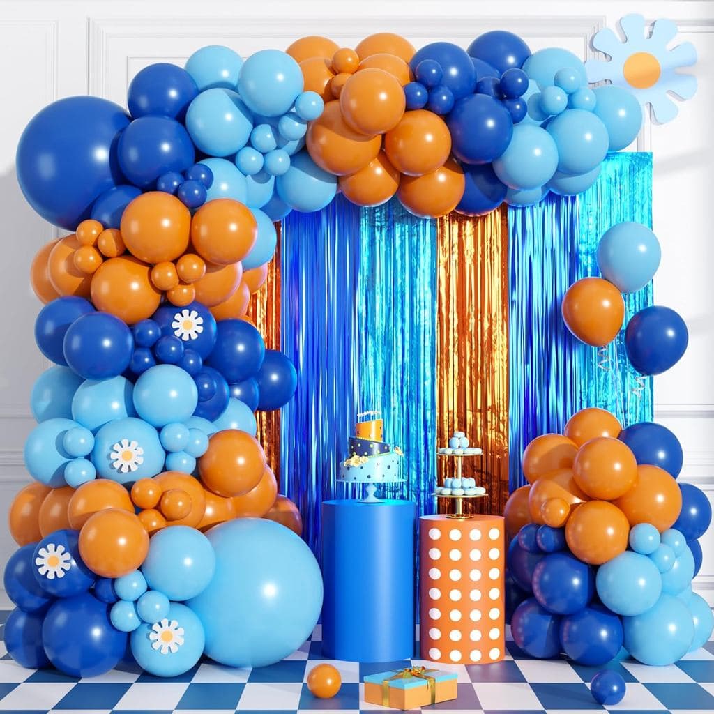 Kit de Arco de Balões Azul e Laranja para Decorações de Festa de Aniversário, Cortinas de Franjas de Papel Metalizado La