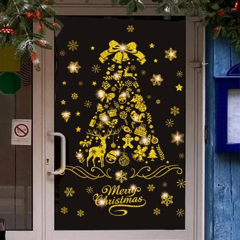 Adesivos de Natal para Janela, Adesivos Brilhantes Dourados de Árvore de Natal, Decalques de Natal, Decorações para Vitr