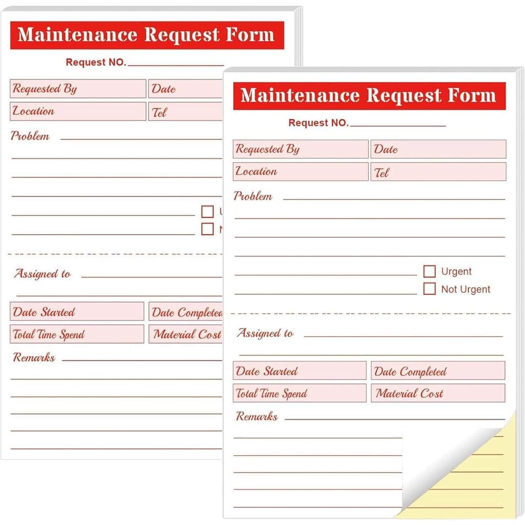 Maintenance Request Book Forms - 5.5 x 8.5 Inch 2 Part Carbonless Maintenance Repair Request Slips - Work Order Forms fo