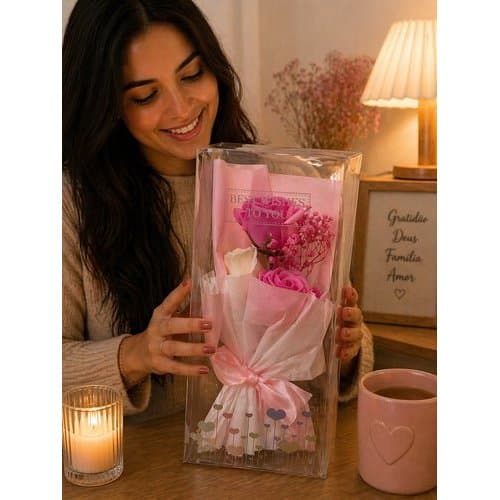 Arranjo Buque Rosa Artificial Decorativa Caixa Transparente Flores Eternas Decoracao Casa Escritorio Presentes