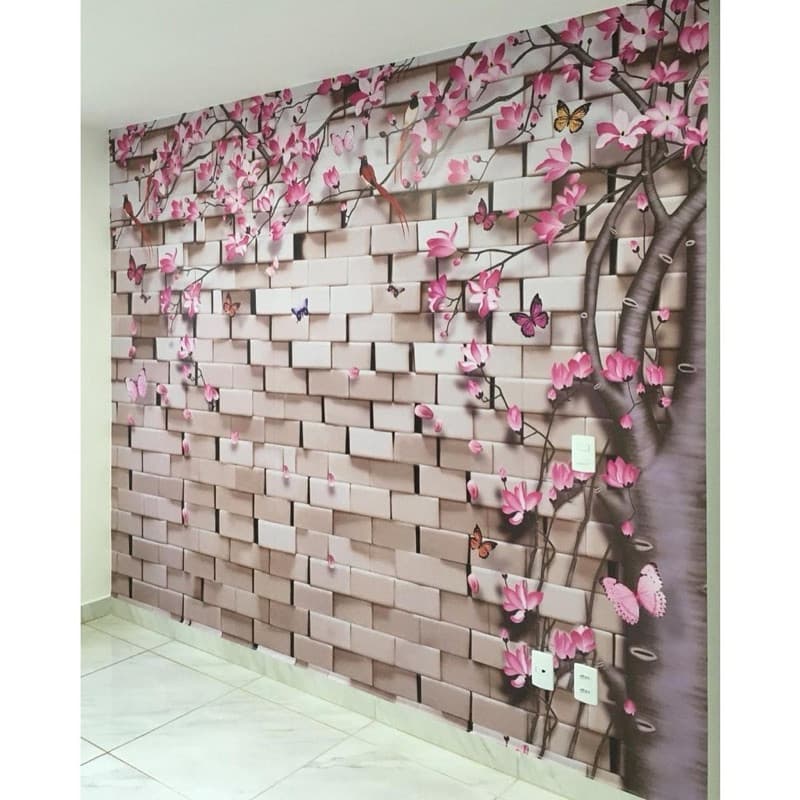 Adesivo Tijolinho Com Jardim Rosa Árvore Jardm encantado 1mx 1m