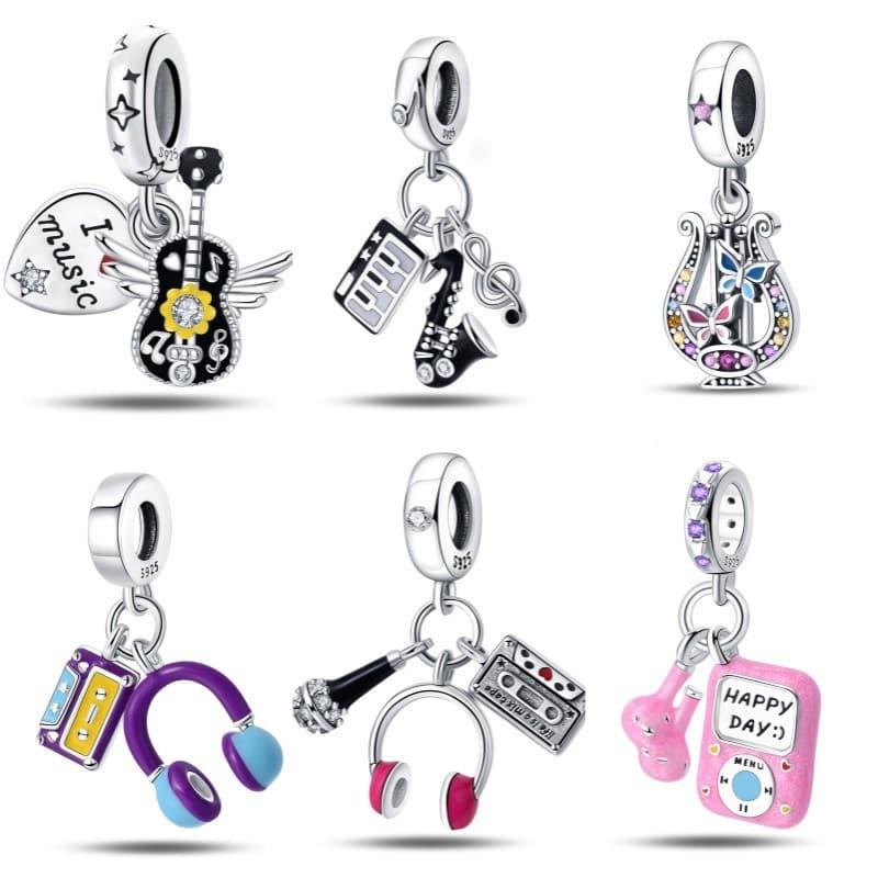 Joias de Moda, Pingente e Pulseira em Prata S925, Série Musical (Guitarra, Violino, Saxofone), Presente