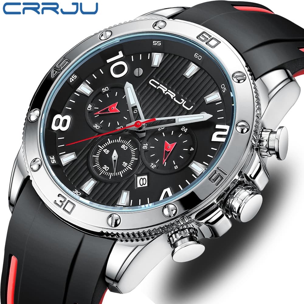 Relógio Masculino à Prova d'Água CRRJU 2295 X, Luxuoso e Esportivo, com Pulseira de Borracha Multifuncional