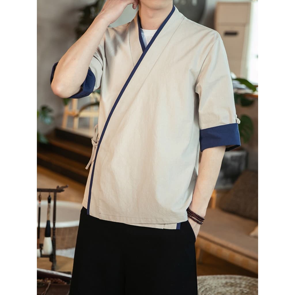Primavera verão estilo chinês gola Diagonal gola cruzada de manga curta Hanfu masculino estilo antigo Robe taoísta traje
