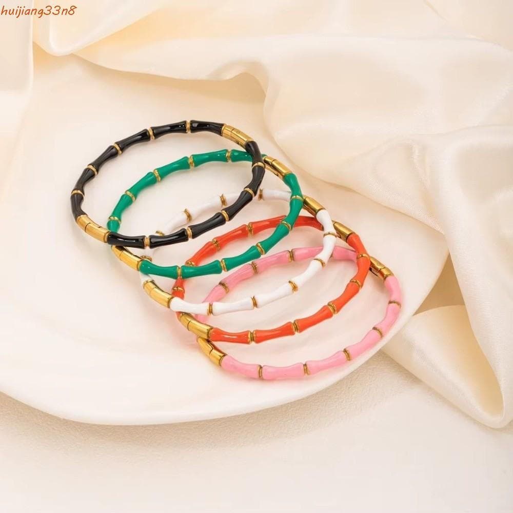 Pulseira Conjunta De Bambu HUIJIANG , Colorida De Resina Esmaltada Dourada Simples De Aço Inoxidável