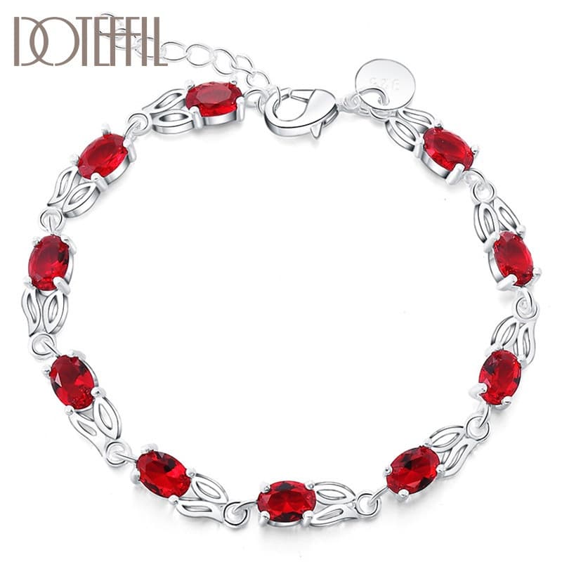 DOTEFFIL 925 Prata Esterlina Charmosa Vermelha AAA Pulseira De Zircônio Para Mulheres Festa De Noivado Moda Joias
