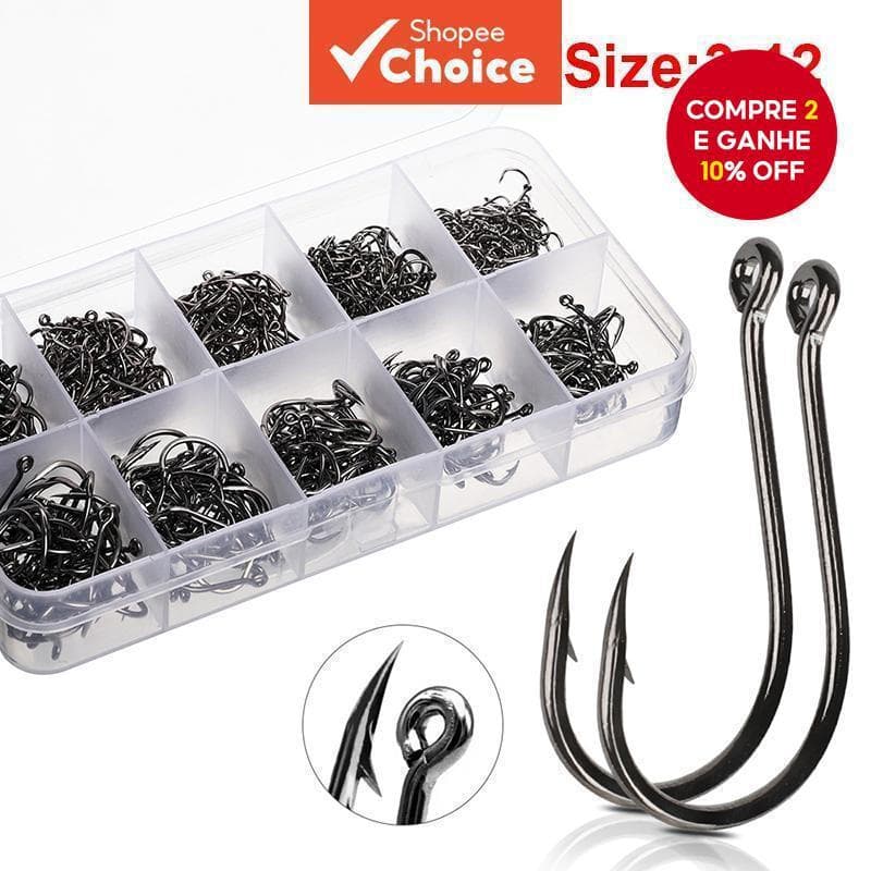 100/200/300/400/500/600 Pcs Fishing Hook Set, Mixed Sizes, High Carbon Steel Offset Round Hooks