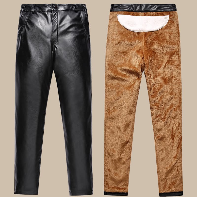 Outono inverno masculino velo-velo-calças de couro de lã à prova de vento Takeaway ciclismo motocicleta calças de couro