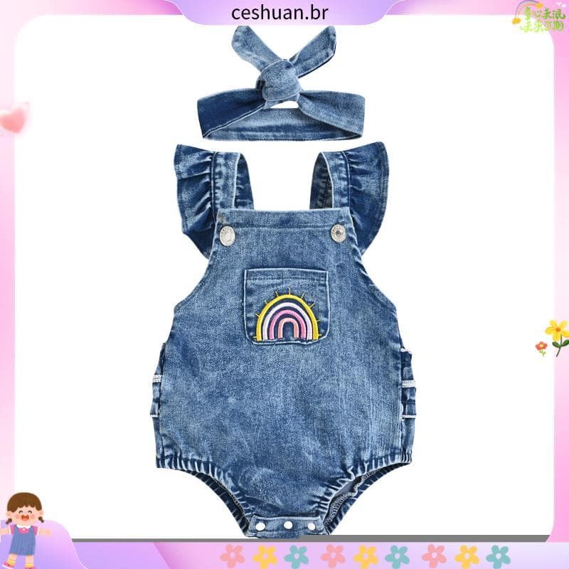Dandelion-0-18 Meses Macacão Casual Para Bebês Meninas , Estampa Arco-Íris Com Babados Triângulo Sem Mangas Faixa De Ca