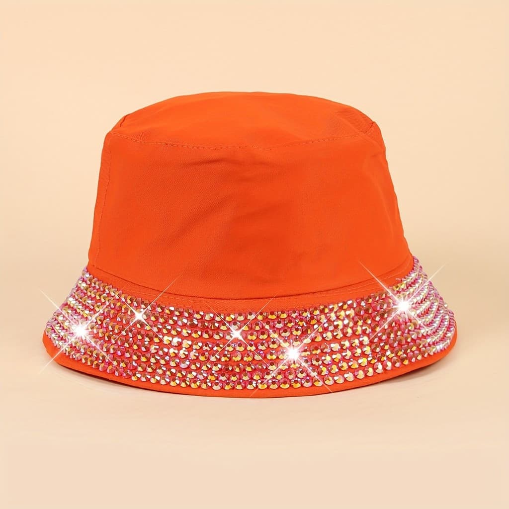 Chapéu Bucket Moderno com Decoração de Strass, Preto, Casual, com Proteção Solar&&-*&*-&&--*--&-*&&*&&--