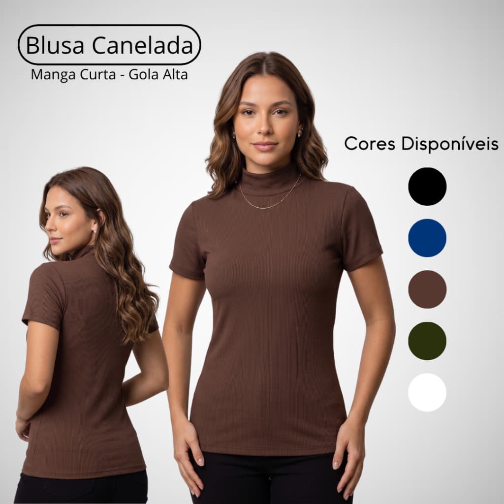 Blusa Feminina Gola Alta Canelada Premium Manga Curta Elegante Básica Dia a Dia